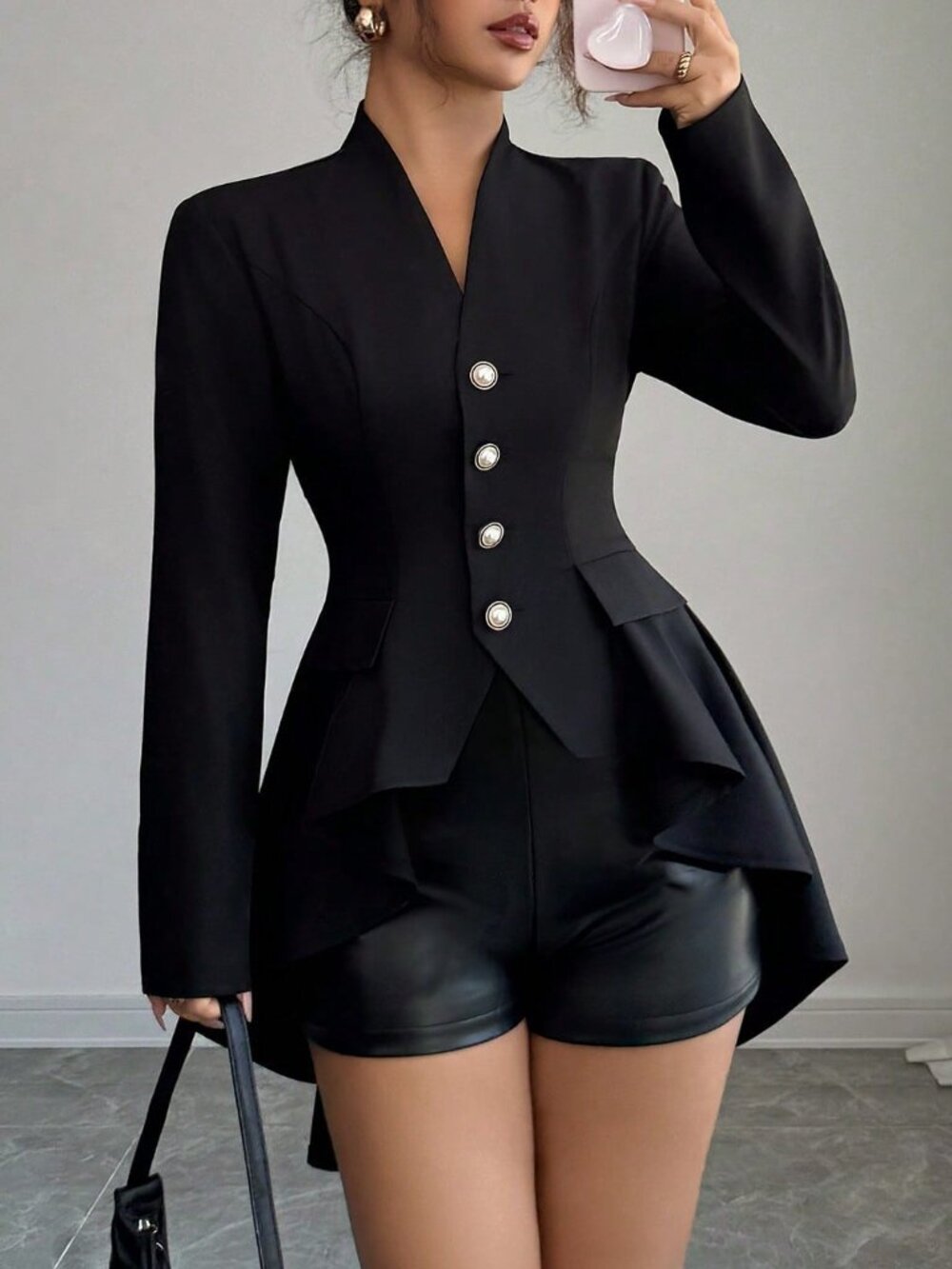 Black Elegant Women's Asymmetrical V Neck Long Sleeve Peplum Jacket